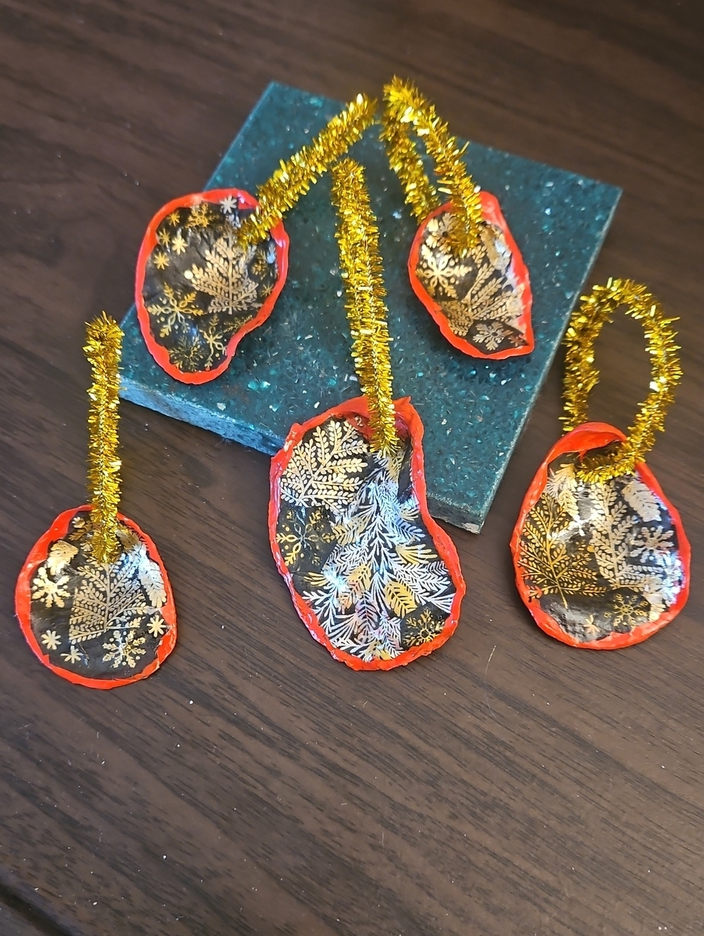 Handmade Decopaged Black & Gold Holiday Shell Ornaments with Red Trim. Qty 5